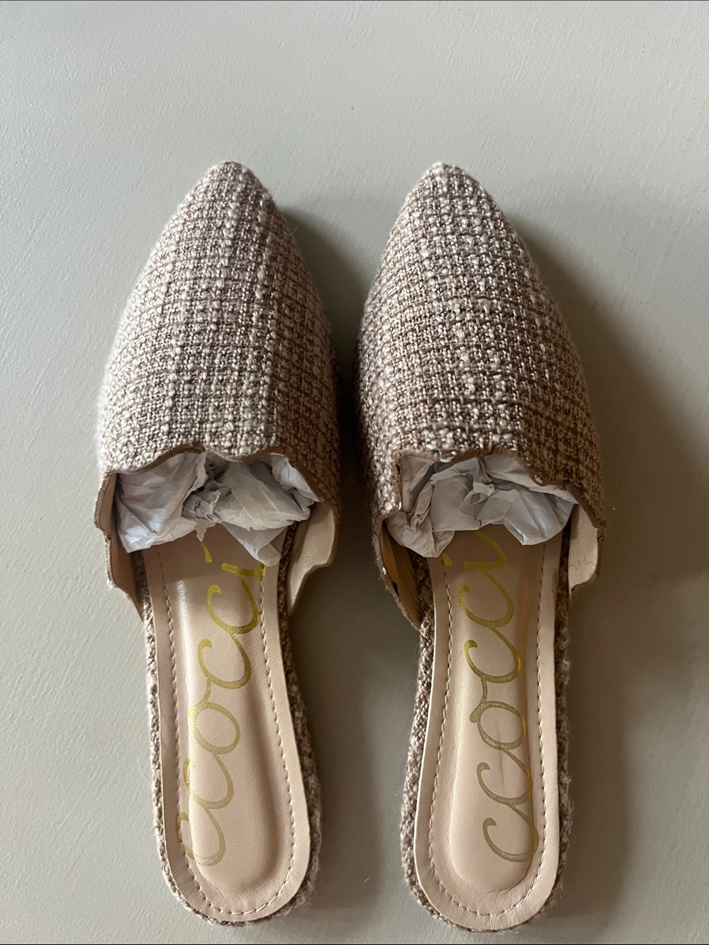Beige Tweed Pointed Toe Slip-On Flats